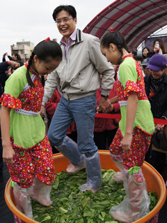 行政院客委會主委黃玉振與小朋友一同參加「千人踏鹹菜」活動，挑戰金氏世界紀錄並體驗踏鹹菜的樂趣